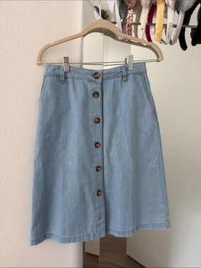 King Louis Light Blue Button-Front A-Line Midi Denim Skirt Size 36